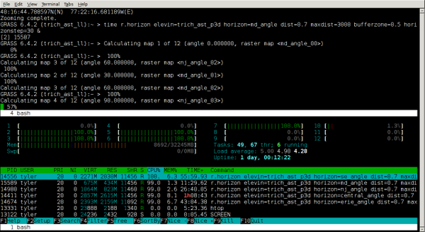 screen, with GRASS running in the top window and htop in the bottom