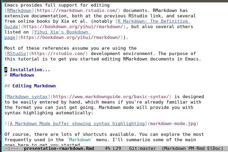 Markdown buffer with the Installation section hidden