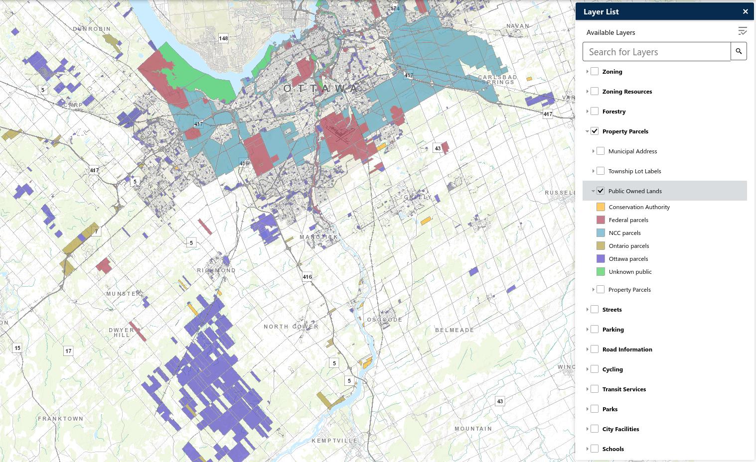 A screenshot of the GeoOttawa map browser, showing public lands around Ottawa